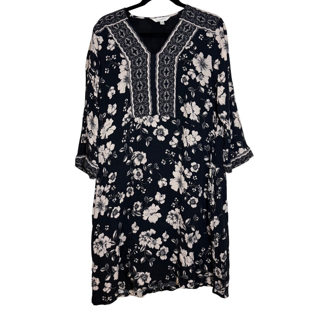 Garnet Hill Black Floral‎ Print V Neck 3/4 Sleeve Dress Women Size L